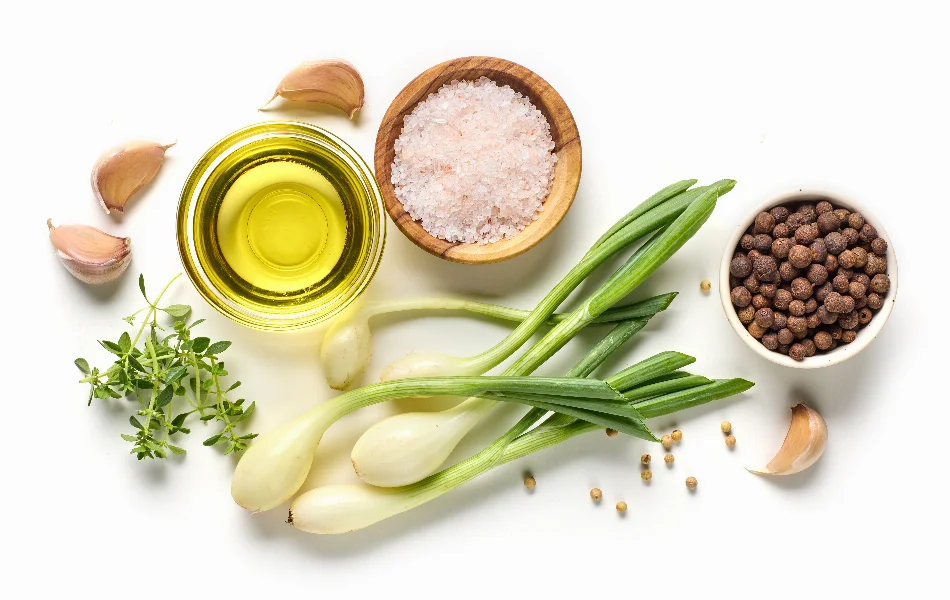 oil, salt, pepper and herbs isolated on white background