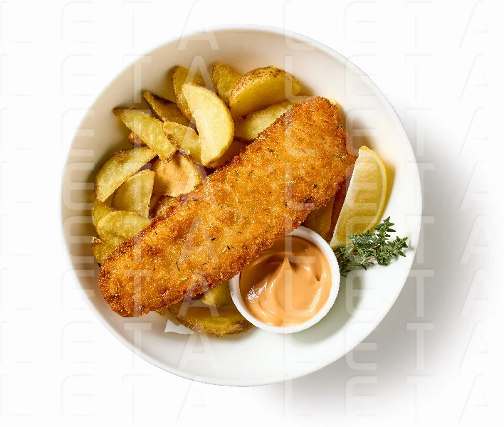 bowl of breaded fish fillet and fried potato wedges