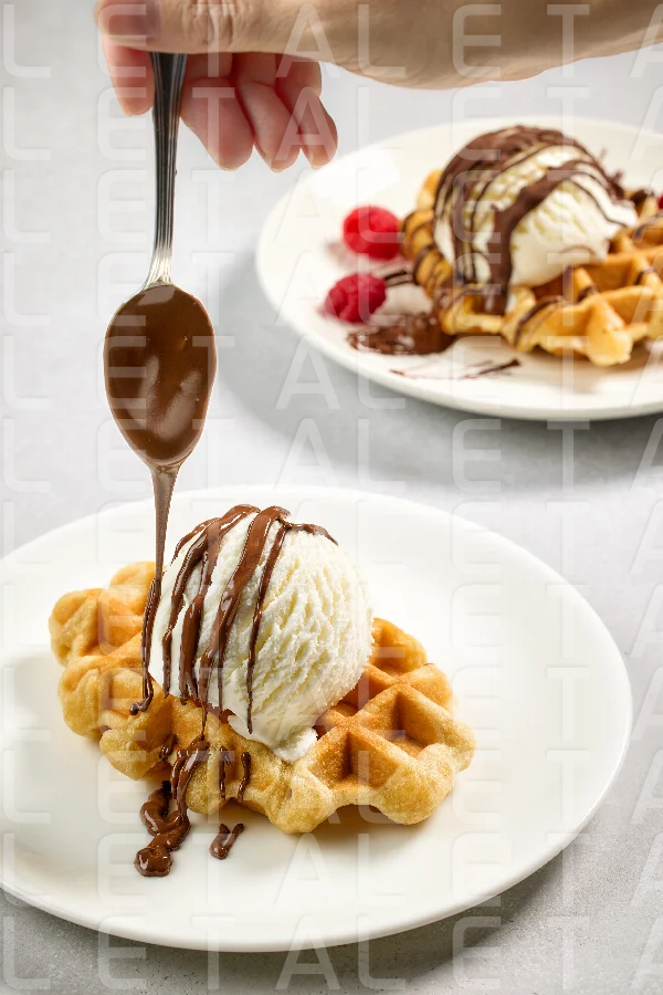plate of belgian waffle with ice cream