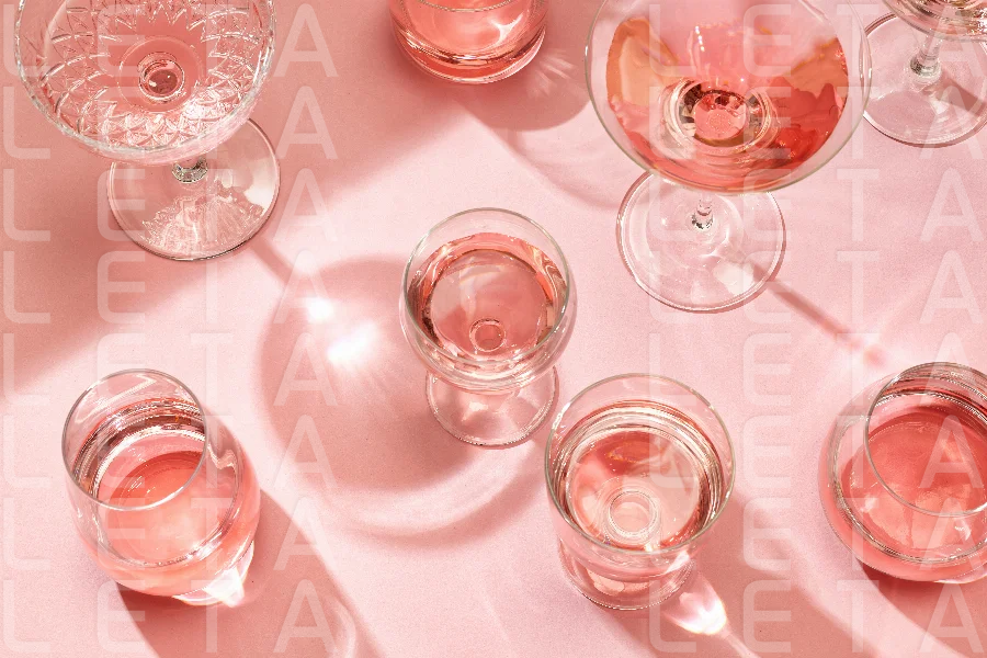 various glasses on pink background