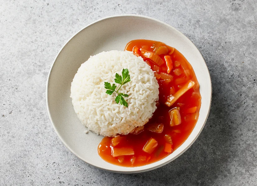 boiled basmati rice with sweet and sour sauce