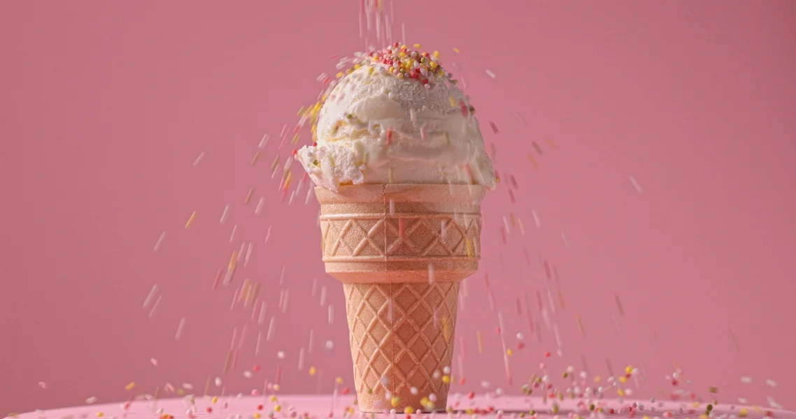 vanilla ice cream ball with falling sugar sprinkles