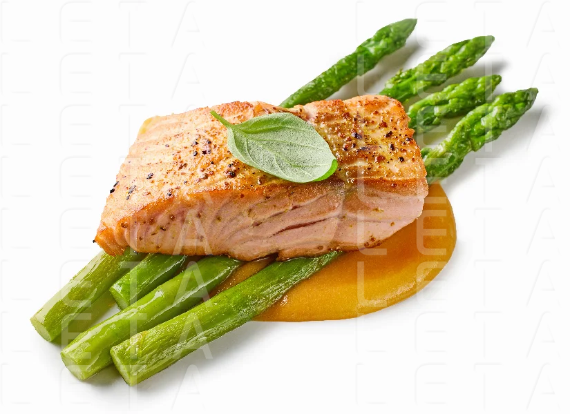 fried salmon steak and asparagus
