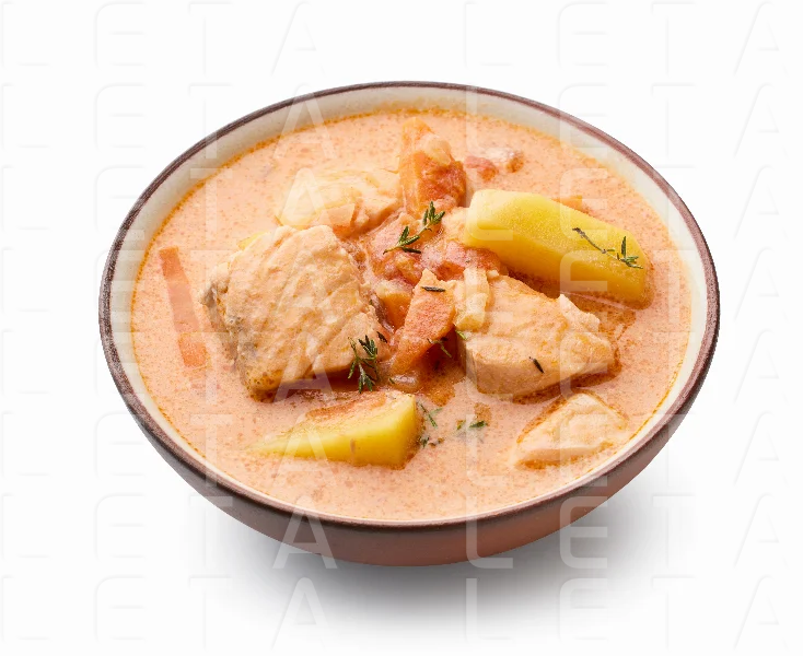 bowl of salmon and tomato soup