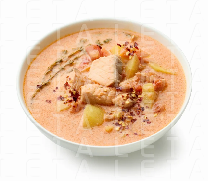 bowl of salmon and tomato soup